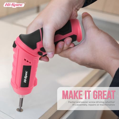 Hi-Spec 42pc Pink 4V USB Electric Power Driver & Household Tool Kit. Cordless Power Screwdriver and Hand Tools in a Compact Box Case - color: Light Pink