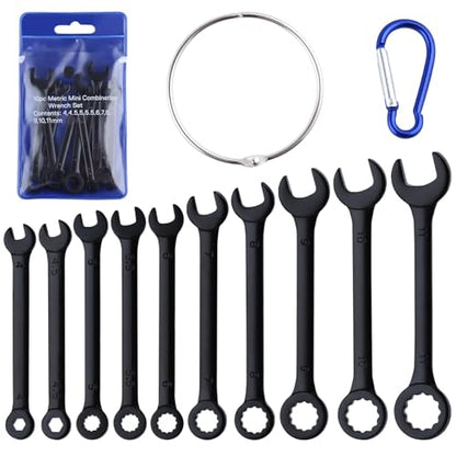 10PCS Mini Wrench Set Standard Metric 4mm-11mm | Black Electrophoretic Coating, Portable Pouch and Key Rings, Ignition Wrenches Open End and Box End Combination Wrench Set - size: Metric