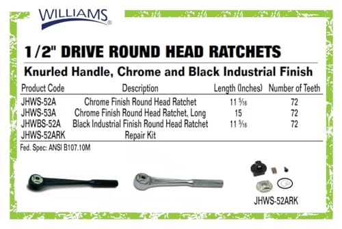 Williams JHWBS-52A 1/2-Inch Drive Round Head Ratchet with Black Industrial Finish, Knurled Grip Handle, Double Pawl Design, 72 Tooth Gear Engagement - 11-5/16 Inches