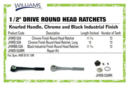 Williams JHWBS-52A 1/2-Inch Drive Round Head Ratchet with Black Industrial Finish, Knurled Grip Handle, Double Pawl Design, 72 Tooth Gear Engagement - 11-5/16 Inches