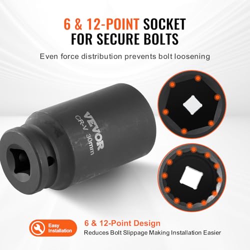 VEVOR Axle Nut Impact Socket Set - 1/2" Drive Deep 6+12-Point 14-Piece Metric Spindle Nut Socket CR-V Heat Treated Large Socket Set with Storage Case for Auto Repair, Removing or Installing Axle Nuts - style: 1/2" 14PCS CR-MO