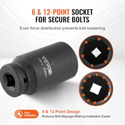 VEVOR Axle Nut Impact Socket Set - 1/2" Drive Deep 6+12-Point 14-Piece Metric Spindle Nut Socket CR-V Heat Treated Large Socket Set with Storage Case for Auto Repair, Removing or Installing Axle Nuts - style: 1/2" 14PCS CR-MO