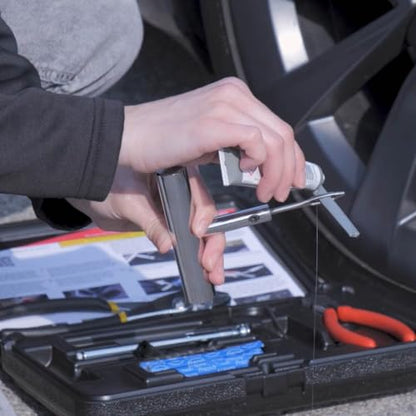 TECH Permacure Emergency Roadside Tire Repair Kit - Roadside Ready Plug Set with Vulcanizing Fluid, Natural Rubber Plugs, Installation Tools, Gauge, Reamer and Portable Case for Tire Emergencies