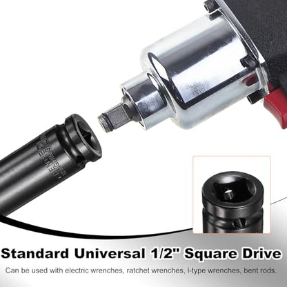 HARFINGTON 3pcs 6-Point Deep Impact Socket 1/2" Drive 21mm Metric Socket 6" (150mm) Extra Long Heat-Treated 45# Steel for Home Auto Spindle Axle Hex Nuts Bolts Repair, Black - size: 21mm + 6" Long