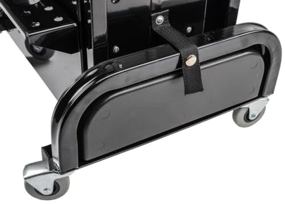 JEGS 3-Drawer Mechanics Roller Seat Tool Box | Black With JEGS Logo | Two Folding Tool Trays With Magnetic Pads | Vinyl Padded Seat Cushion | Rear Tray For Screwdrivers And Pliers | Load Limit 350 LBS