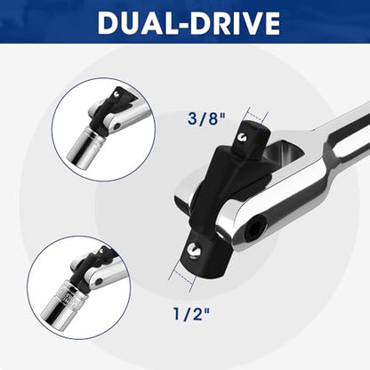 WORKPRO Dual Drive Breaker Bar, 3/8" & 1/2" Drive, Heavy Duty Breaker Bars, 16-inch Length with 360° Rotatable Head, Spring-loaded Detent Ball, Chrome Vanadium Steel Made - color: Silver, size: 16" × Dual Drive 3/8"+1/2"