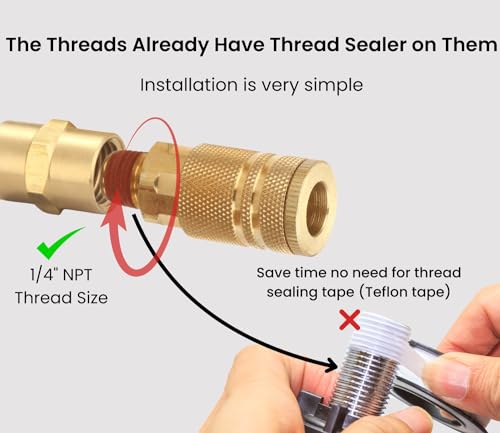 Coupler and Plug Kit, 1/4 Inch NPT, 14 Piece | Industrial Type D, Solid Brass, Quick Connect Air Hose Fittings Set, With Sealant - size: 14 Piece with sealant