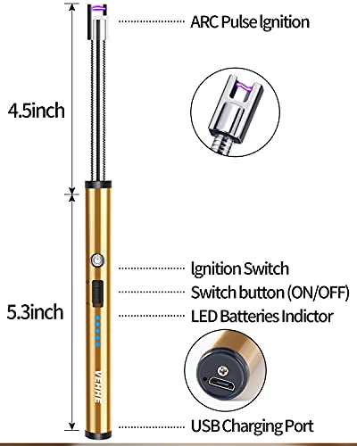 VEHHE Long Lighter, Rechargeable USB Arc Lighter with LED Battery Display Flexible Neck Lighters for Candles Grill Gas Stoves Camping Barbecue - color: Gold