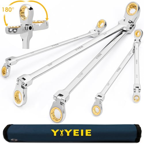 Extra Long Flex-Head Ratcheting Wrench Set, SAE 1/4" to 13/16", 5 Pcs Double Box End Long Handle Ratchet Wrenches, 72-Teeth, CR-V Labor-Saving Aviation Spanner with Pouch, Extra Torque for Tight Bolts - size: Extra Long Set SAE