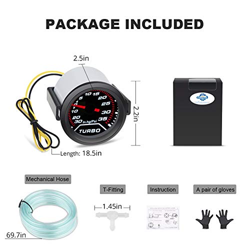 WATERWICH 35 PSI Turbo Boost/Vacuum Gauge Meter Kit Includes Mechanical Hose & T-Fitting - Black Dial - Clear Lens 2" 52mm 12V Universal for Car Truck