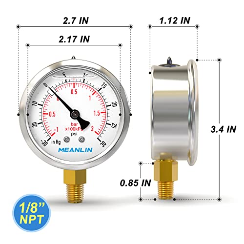 MEANLIN MEASURE -30inHG~30Psi Stainless Steel 1/8" NPT 2.5" FACE DIAL Vacuum Pressure Gauge, Lower Mount, with 1/4" NPT and 3/8" NPT Hex Bushing - size: -30inHG-30Psi