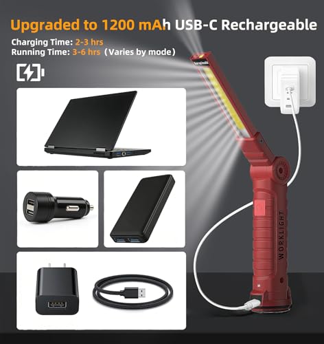 Rechargeable Work Light Flashlight, Tool Fathers Day Dad Gifts for Men Him Husband Grill Light Inspection Lamp with Magnetic Base Hook, 5 Modes 360° Rotate Car Emergency Repair 4 Pack - color: RED 4PCS