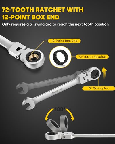 Enventor 14 Pieces Ratcheting Wrench Set, Metric 6-19mm, 180° Flex Head, CR-V Steel, 72-Teeth, 12-Point Combination Ratchet Wrenches Set with Rolling Pouch - size: Metric-14PCS