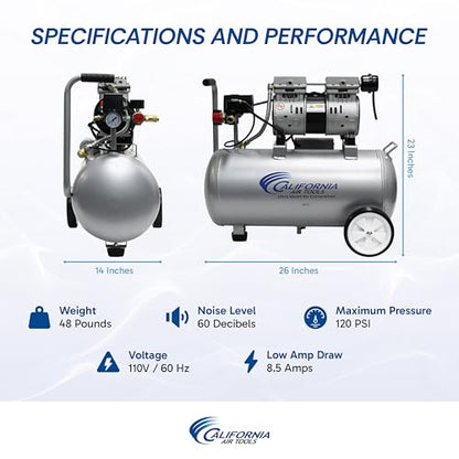 California Air Tools 8010 1.0 HP Ultra Quiet and Oil-Free Air Compressor, 8 Gallon Steel Tank, Lightweight with Wheels, 60 dBA Noise Level | 1.0 HP, 8 Gallon Steel Tank, Lightweight with Wheels, 60 dBA Noise Level - style: 8 Gallon Steel, Wheels
