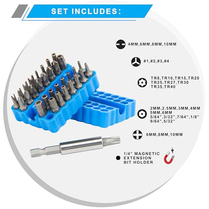34pcs Security Bit Set 1/4 Inch Hex Shank Screwdriver Bit Set,Tamper Proof Bits-Torx+Hex+Tri Wing+Star+Spanner for Torx Security Screwdriver Set,High Hardness Impact Driver Bit Set(Blue+RedRatchet) - color: Blue