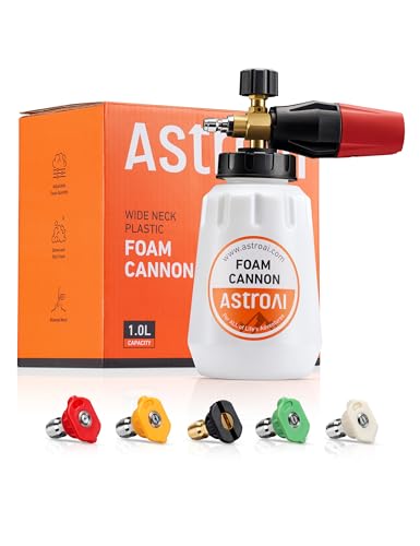 AstroAI Foam Cannon, Heavy Duty Car Foam Sprayer Attachments, Wide Neck Adjustable Snow Foam Lance and Thick Foam for Pressure Washer Car Wash, 1/4" Quick Connector, 1L Bottle & 5 Nozzle Tips - style: 1 L Bottle, With 5 Nozzles