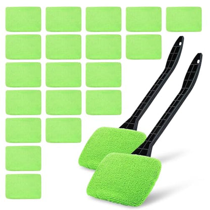 ASTIMESA 2 Set of Green Microfiber Windshield Cleaner Tool, Car Window Cleaner with 18 Replacement Cloth, Interior Windshield Cleaning Washer Supplies for Wiper Glass Rear Inside Auto Mirror (20)