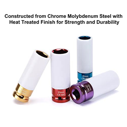 Mayouko 7PCS 1/2 Inch Drive Lug Nut Deep Impact Socket Set,Thin-Walled Wheel Rim Protector Socket,Color Coded,Metric,CR-MO