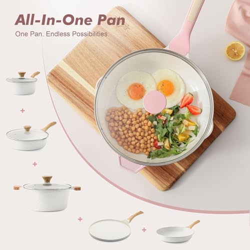 SENSARTE Nonstick Skillet with Lid 12-inch, 5QT Ceramic Deep Frying Pan, Non Toxic Saute Pan with Lid, Healthy Dishwasher Safe Cooking Pot, Induction Pan with Stay-cool Handle, Pink - color: Sakura Pink, size: 12-inch/5QT