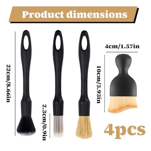4 Piece Detailing Brush Set with Natural Bristles, Interior/Exterior Auto Cleaning Tools