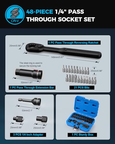 48 Pcs 1/4" Pass-Through Socket Set, SAE/Metric Go-Thru Ratchet Kit | Hollow SAE/metric mini sockets clear long threaded rods; include a 72-tooth ratchet, extension bar, 21 bits and 1/4" adapters - size: 48 Pcs
