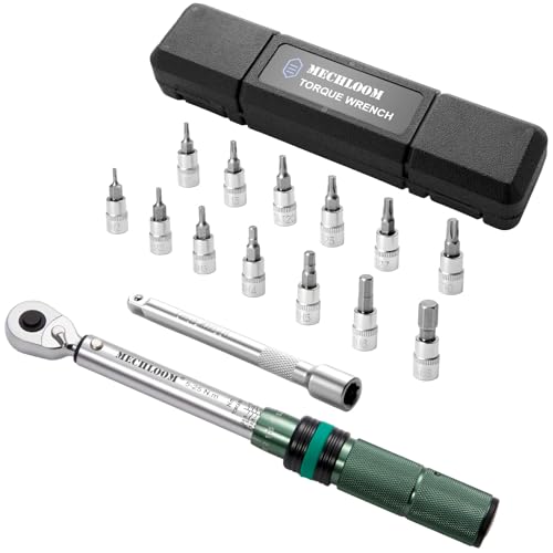 Bicycle Torque Wrench Set, 1/4-Inch, 5–25 Nm, 15-Piece Kit | Click wrench with torque control in both directions, 0.25 Nm increments, 4-inch extension, 13 bits and case.