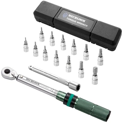 Bicycle Torque Wrench Set, 1/4-Inch, 5–25 Nm, 15-Piece Kit | Click wrench with torque control in both directions, 0.25 Nm increments, 4-inch extension, 13 bits and case.