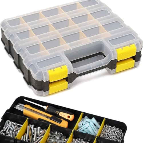 Andalus Tools Organizer Box, Small Parts Storage 34-Compartment Double-Sided Portable Hardware Organizer Removable Plastic Dividers for Screws, Nuts, Bolts, Nails – Yellow (1 Pack, 12.5" x 10.5" x 3") - color: Yellow, size: 1 Pack