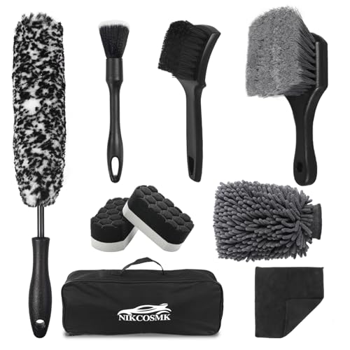 9Pcs Car Wheel & Tire Brush Kit, Wheel Cleaner Brush, Soft-bristled Rim Brush, Tire Shine Applicator Pad, Car Wash Mitt, Towel, Car Detailing Cleaning Wash Brush Supplies Kit