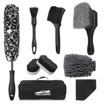 9Pcs Car Wheel & Tire Brush Kit, Wheel Cleaner Brush, Soft-bristled Rim Brush, Tire Shine Applicator Pad, Car Wash Mitt, Towel, Car Detailing Cleaning Wash Brush Supplies Kit