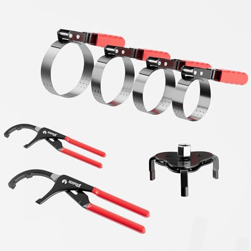 KOOPOOL 8Pc Oil Filter Wrench Set – Fits 2-3/4" to 5-1/4" | 8-piece oil filter removal tool set: 2 adjustable pliers (9" & 12"), swivel wrenches, adapter. Organized in storage case