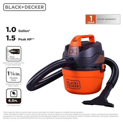 BLACK+DECKER Shop Vacuum Wet and Dry, Small Shop Vac with Accessories, 1 Gallon 1.5 Peak HP, Wall Mount Mini Vacuum for Garage, Home and Pet, 60CFM (BDXV18101P-1H) - size: 1 Gallon