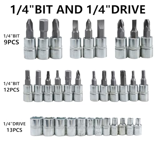 46 Pieces Mechanic Tool Kit,1/4” Dr. Socket Ratchet Wrench Set Bit Sockets Extension Bar,Metric Mechanical Tool Kit for Auto Repairing Household