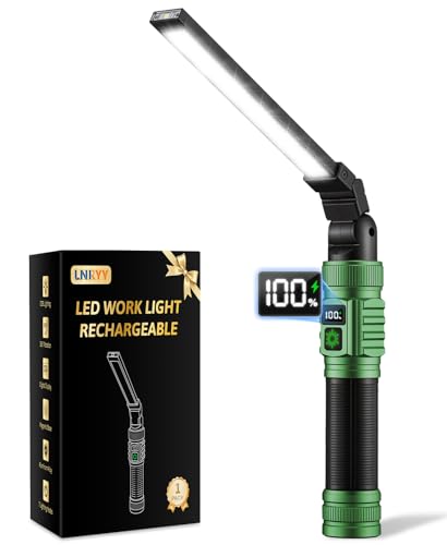 LNRYY Rechargeable Magnetic LED Work Light/Flashlight for Mechanics | All Aluminum, 1500 High Lumens, Digital Display, 360° Rotation, 7 Modes, for Car Repairing, Workshop, Gifts for Father - color: Green, size: 1 Pack