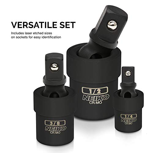 NEIKO 02486A Impact Universal Joint-Socket Swivel Set, Socket Extension Set Made From Cr-Mo with Included 1/4-, 3/8-, and 1/2-Inch Sockets, Set of 3 - size: 3 Piece, style: Swivel Joint