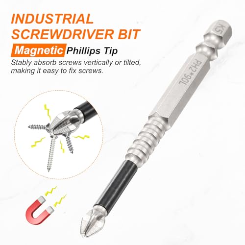 HARFINGTON 6pcs Impact Phillips Screwdriver Bit PH2 (#2) Anti Slip Tip 1/4" Hex Shank 3.54" (90mm) Long Magnetic Cross Screw Driver Industrial Power Drill Bits for Remove Fastening Screws - size: 3.54 inch