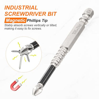 HARFINGTON 6pcs Impact Phillips Screwdriver Bit PH2 (#2) Anti Slip Tip 1/4" Hex Shank 3.54" (90mm) Long Magnetic Cross Screw Driver Industrial Power Drill Bits for Remove Fastening Screws - size: 3.54 inch