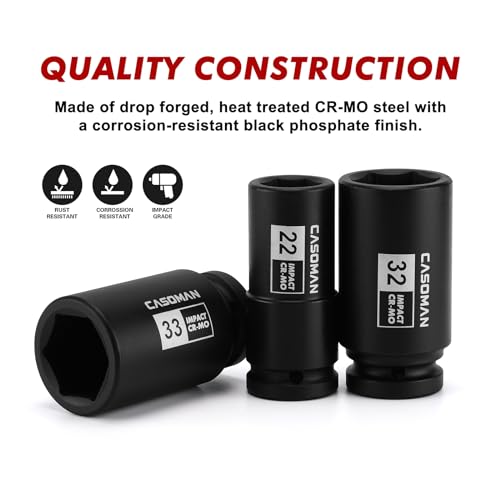 CASOMAN 3/4" Drive Deep Impact Socket Set, 13Piece Jumbo Socket Assortment, Metric(17mm to 41mm), 6-Point, Include 1/2" F to 3/4" M Adapter, CR-MO Steel - size: 13 PCS (11/16" to 1-5/8")