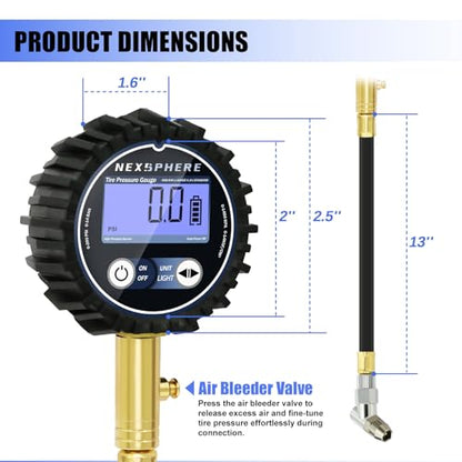 200 PSI Digital Tire Pressure Gauge – Heavy-Duty Air Pressure Gauge for Tires, Accurate Digital Tire Gauge with LED Backlight, 360° Swivel Chuck for Cars, Trucks, Motorcycles & RVs