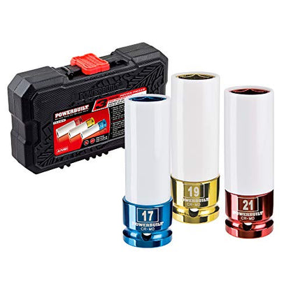 Powerbuilt Thin Wall Socket Set, Metric Lug Nuts, 3 Piece 17mm, 19mm, 21mm, 1/2 Inch Drive, Custom Wheels, Protective Plastic Sleeve, Storage Case 940846 - size: 3pc, Metric