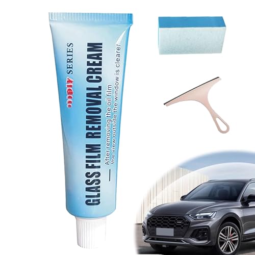 Car Glass Oil Film Cleaner, Glass Film Removal Cream, Car Windshield Oil Film Cleaner, Glass Stripper Water Spot Remover with Sponge and Towel (1 Set) - color: 1 Set