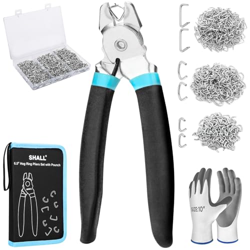 SHALL Bent Hog Ring Pliers Kit with 600pcs Galvanized Hog Rings (3/8’’, 1/2’’, 3/4’’) for Upholstery, Fence, Animal Pet Cages, Bungee Cords, Bagging, Protective Gloves, Storage Case & Bag Included - style: Bent Head