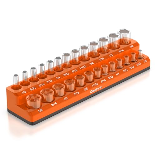 Olsa Tools Magnetic Socket Organizer - 1/4-Inch Drive SAE Socket Holder with Strong Magnets - Professional Tool Holder and Organizer - Stores up to 26 Sockets - Orange - Part: 1293 - color: Orange, Sae, size: 1/4-Inch Drive, SAE