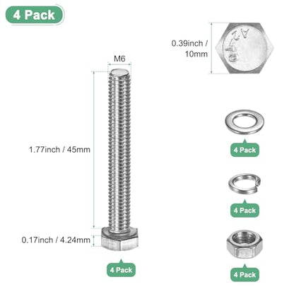 M METERXITY 4-Pack Hex Head Screw Bolt with Nuts Flat & Lock Washers M6x45mm Stainless Steel Bolts and Nuts Kit Fully Threaded Metric Bolt Assortment for Equipment/Machinery - size: M6 x 45mm