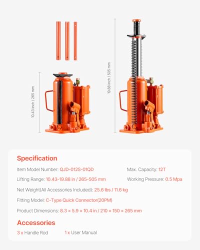 VEVOR Air Hydraulic Bottle Jack, 12 Ton/26455 lbs Pneumatic Hydraulic Bottle Jack with 10.43''-19.88'' Lifting Range & Manual Hand Pump, for Pickup, Truck, RV, Auto Repair, Industrial Engineering