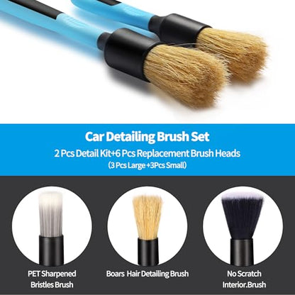 Car Detailing Brush Set - Covers Large Area Inside or Outside Vehicles | Removable Brush Heads、Blue Handles、Ultra Soft Bristles、Handle XL Brush、Ultra Soft Detailing Brush