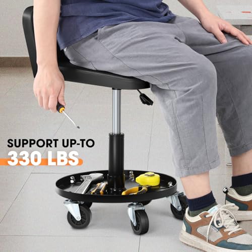 DNA Motoring Rolling Padded Seat Adjustable Height Seat 330lbs Capacity Rolling Mechanic Creeper Stool, W/Tool Storage Drawer & Tray, Black, TOOLS-00601 - style: Round Tray Black