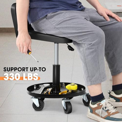 DNA Motoring Rolling Padded Seat Adjustable Height Seat 330lbs Capacity Rolling Mechanic Creeper Stool, W/Tool Storage Drawer & Tray, Black, TOOLS-00601 - style: Round Tray Black