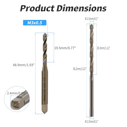 Tap and Drill Bit Set, M3x0.5 Tap and 2.5mm Twist Drill, HSS, Spiral Point | For M3x0.5 Thread Tapping and Drilling, Spiral Point Tap and Twist Drill Combo for Industrial Mechanics Metalworking - size: M3*0.5 + 2.5mm