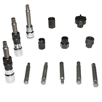 14 Piece Alternator Pulley Remove Kit Free Wheeling Pulley Remover Socket Drills Compatible with Ford Compatible with GM/VW
